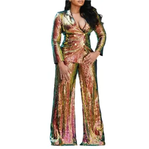 TEEK - Plus Size Gold Sequin Long Sleeve Wide Leg 2 Piece Pant Set