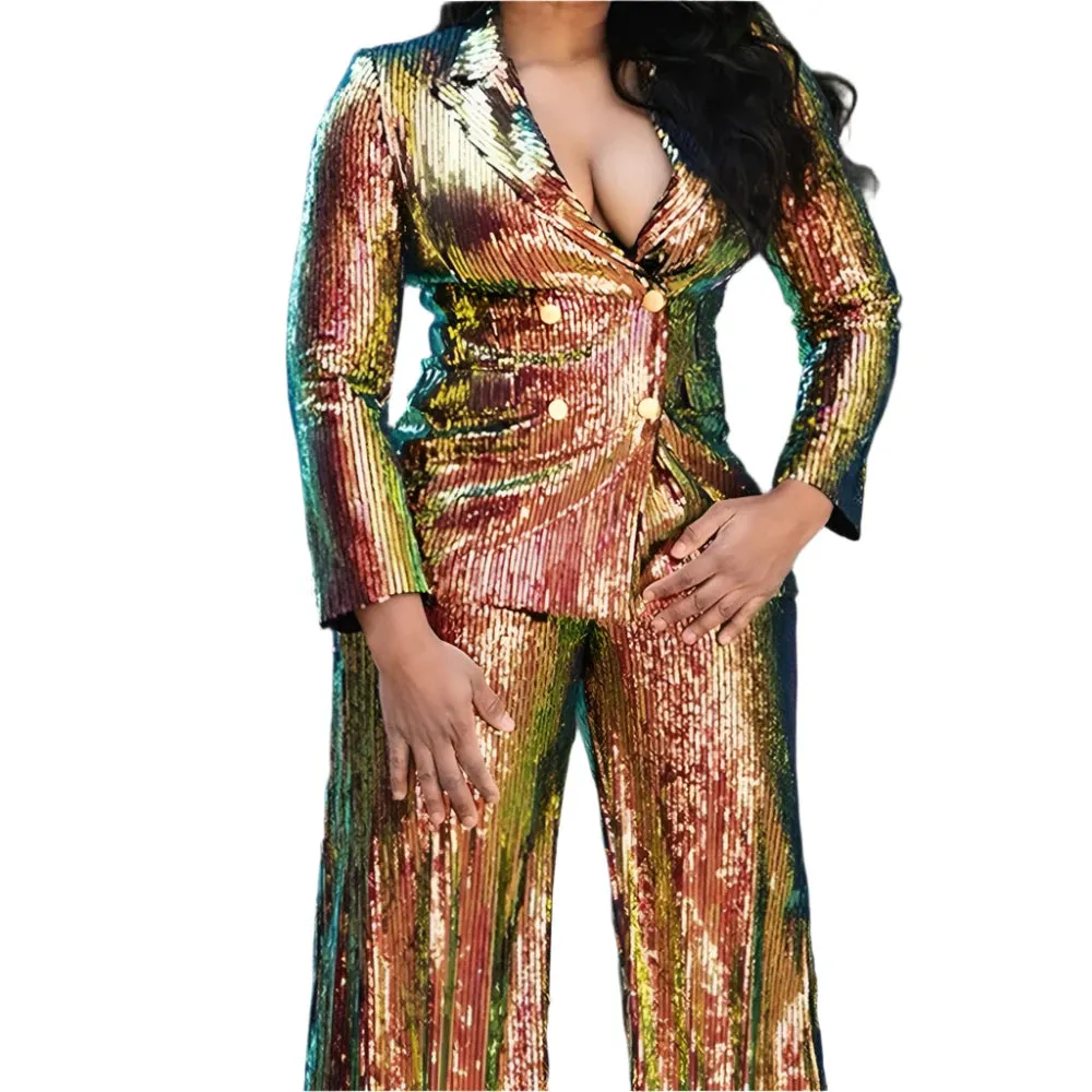 TEEK - Plus Size Gold Sequin Long Sleeve Wide Leg 2 Piece Pant Set