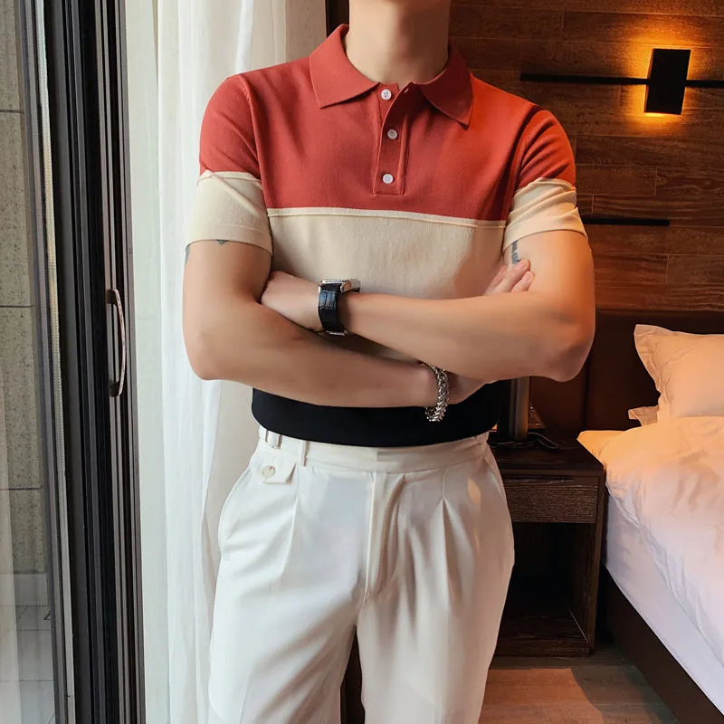 Tri-color Block Pattern Polo Shirt