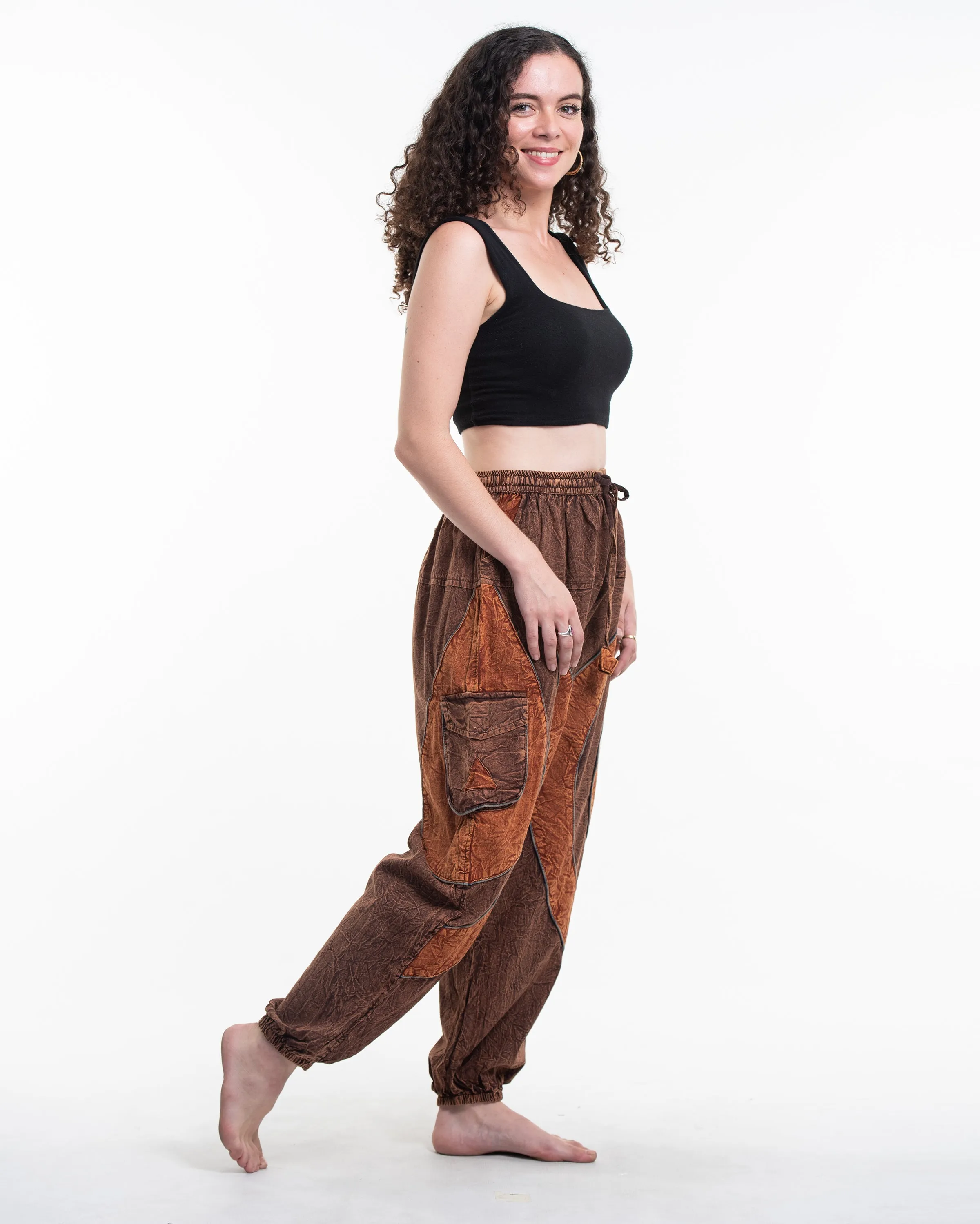 Unisex Patchwork Stone Washed Cargo Cotton Pants in Brown 04