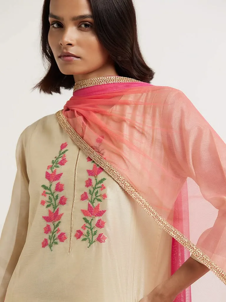 Vark Beige Embroidered Kurta, Palazzos & Dupatta Set