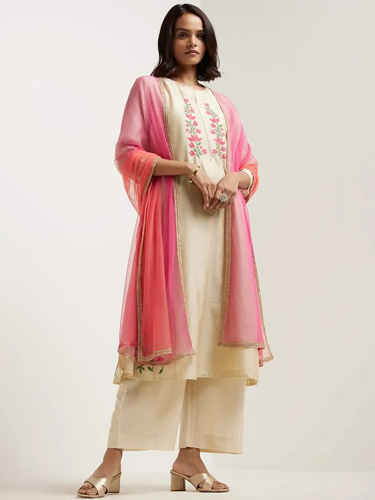 Vark Beige Embroidered Kurta, Palazzos & Dupatta Set