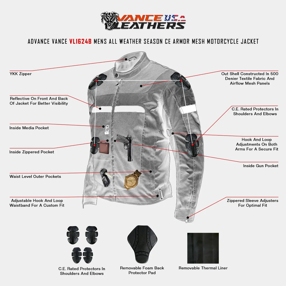 VL1624B Advanced 3-Season Mesh/Textile CE Armor Motorcycle Jacket