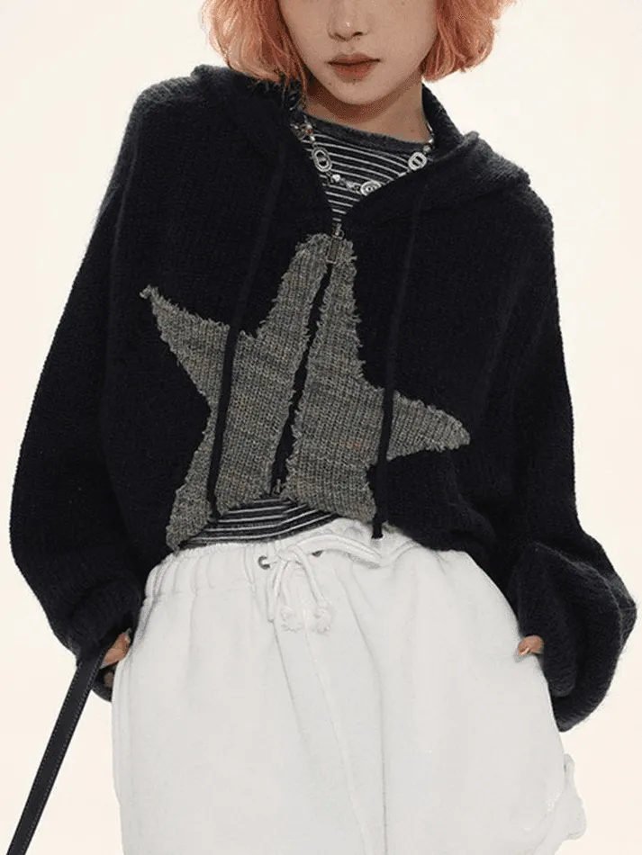 Wenkouban-Spring Casual Outfits Y2K Outfits Star Jacquard Zip Up Hooded Knit Cardigan