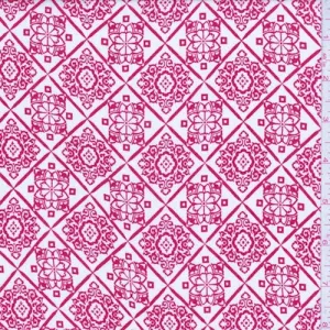 White/Crimson Medallion Diamond Rayon Crepe Fabric