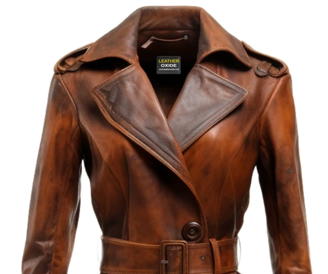 Women Distressed Brown Vintage Leather Long Coat