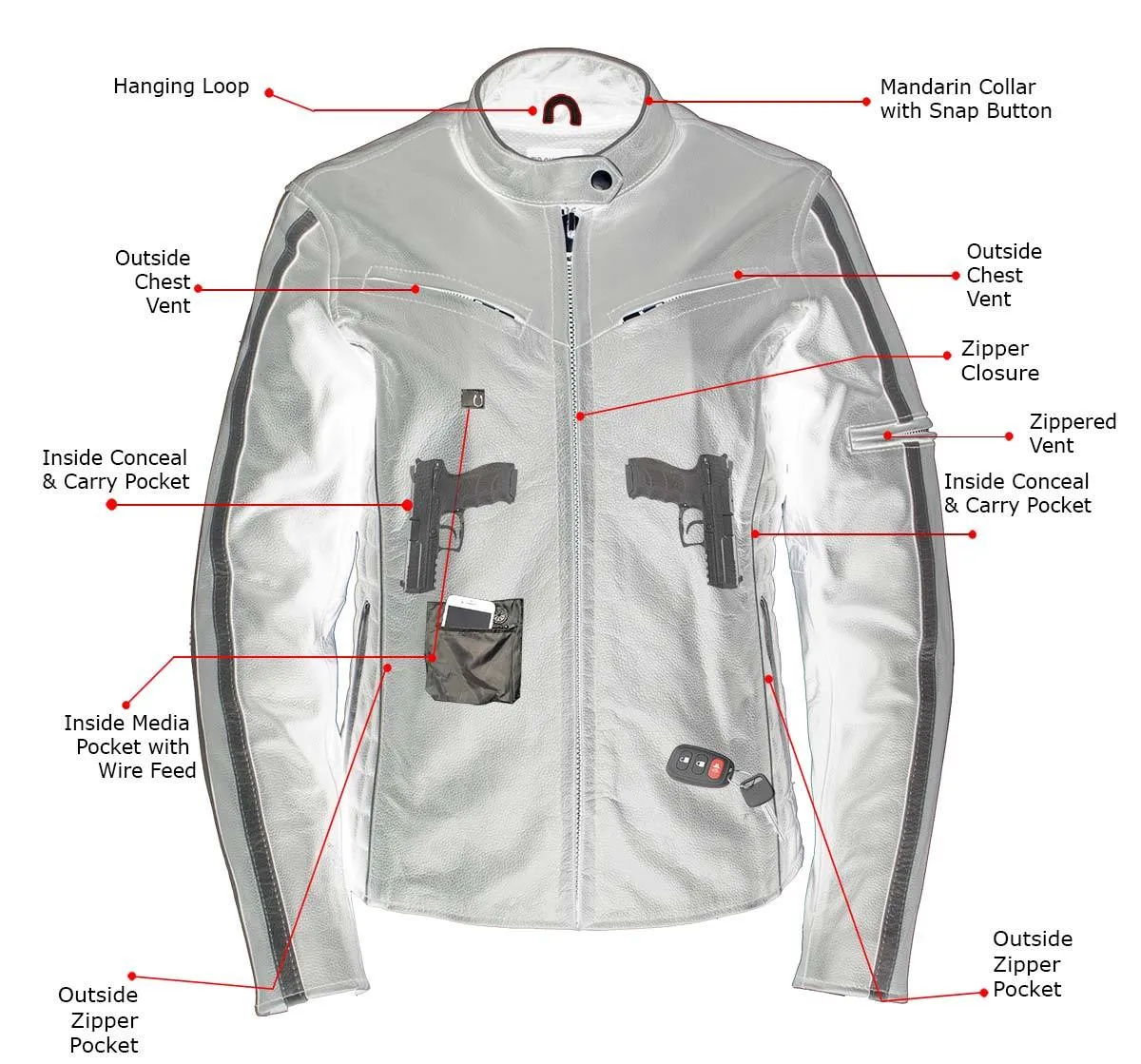 Xelement B7065 Women’s ‘Silver Fox’ Black with Silver Multi Vented Leather Motorcycle Jacket