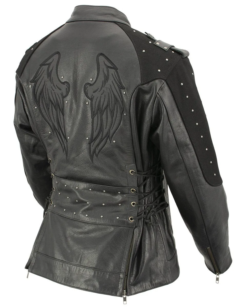 Xelement Women's Scuba Black Leather Motorcycle Biker Jacket with Reflective Wings and Studs XS22001