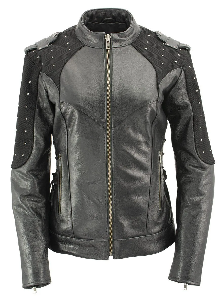 Xelement Women's Scuba Black Leather Motorcycle Biker Jacket with Reflective Wings and Studs XS22001