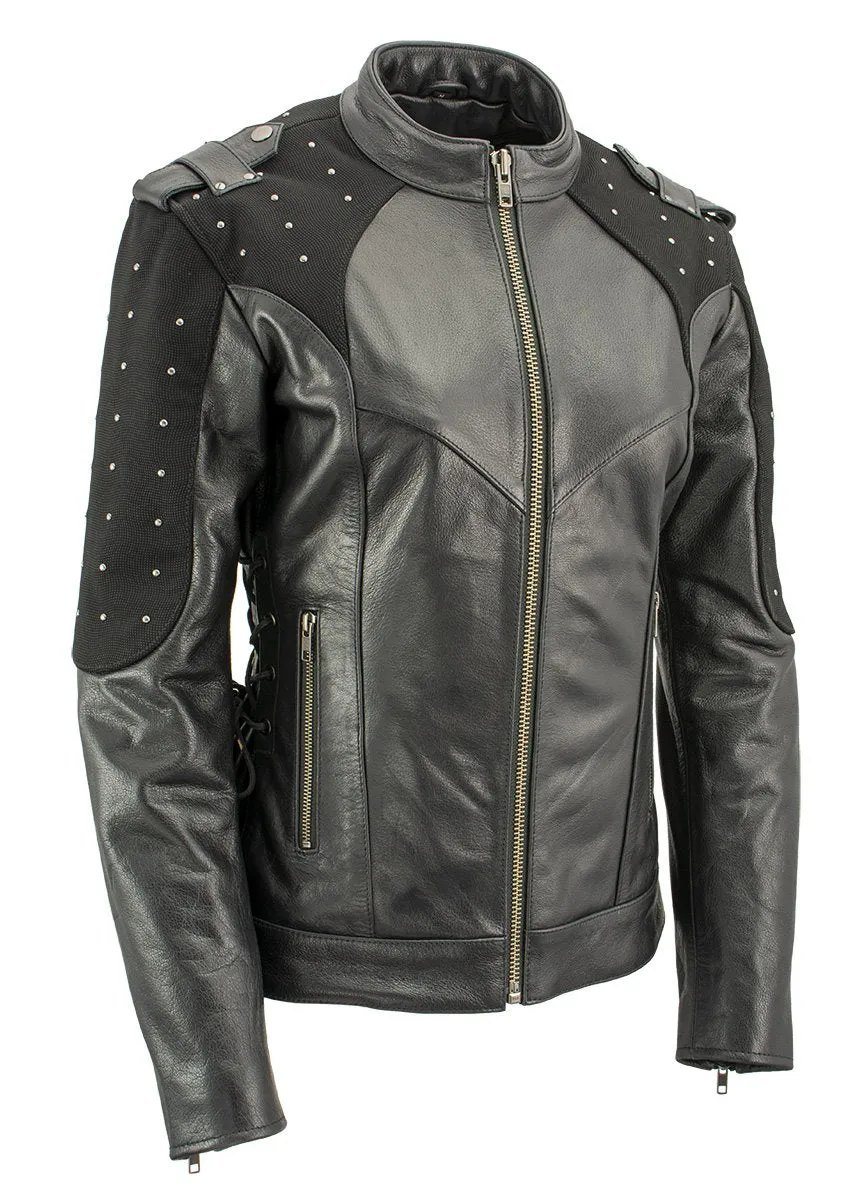 Xelement Women's Scuba Black Leather Motorcycle Biker Jacket with Reflective Wings and Studs XS22001