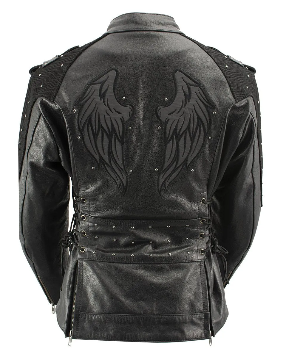 Xelement Women's Scuba Black Leather Motorcycle Biker Jacket with Reflective Wings and Studs XS22001