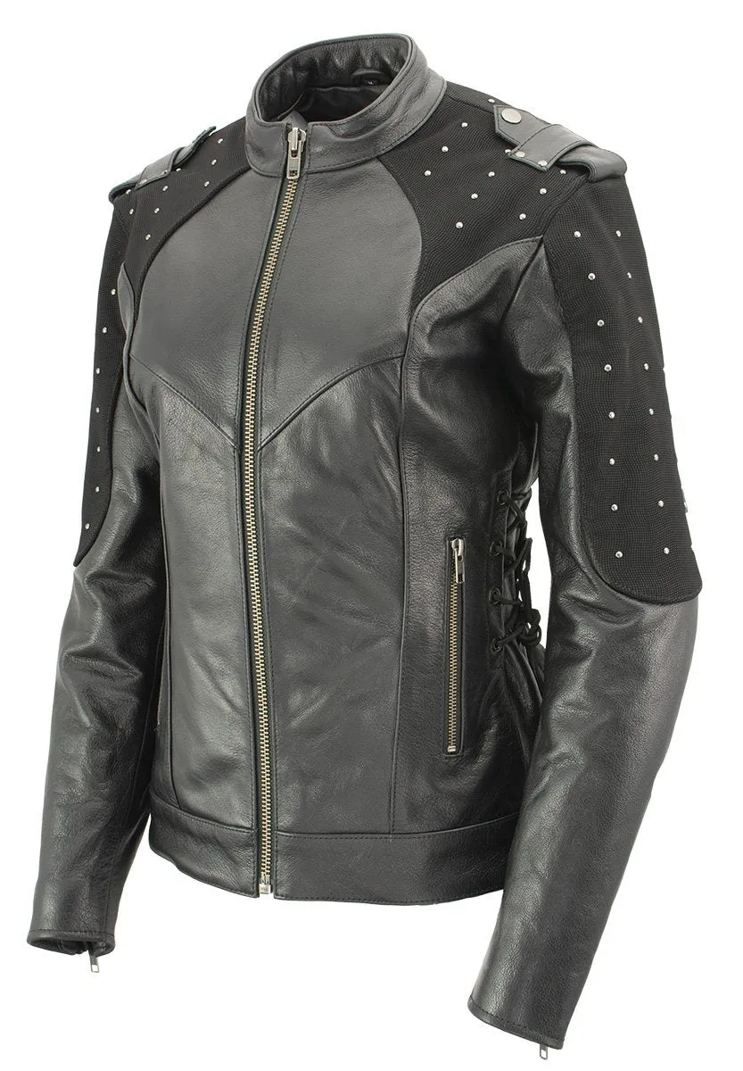 Xelement Women's Scuba Black Leather Motorcycle Biker Jacket with Reflective Wings and Studs XS22001