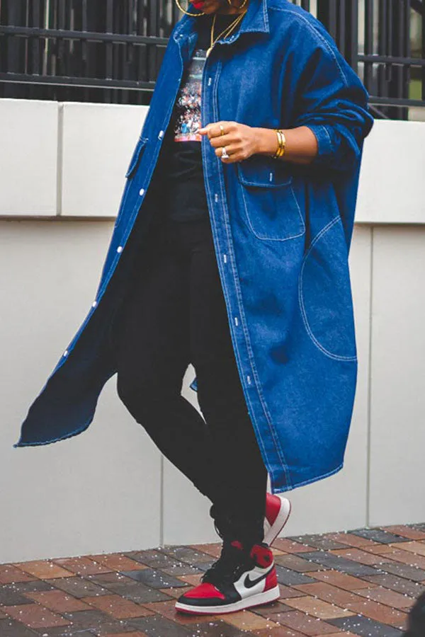 xiangtuibao Solid Color Relaxed Pocket Irregular Denim Trench Coat