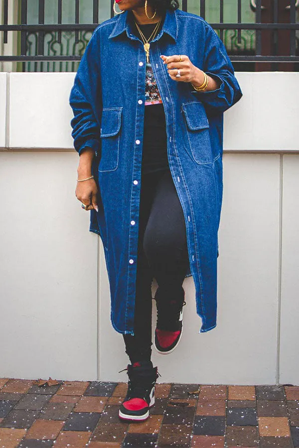 xiangtuibao Solid Color Relaxed Pocket Irregular Denim Trench Coat