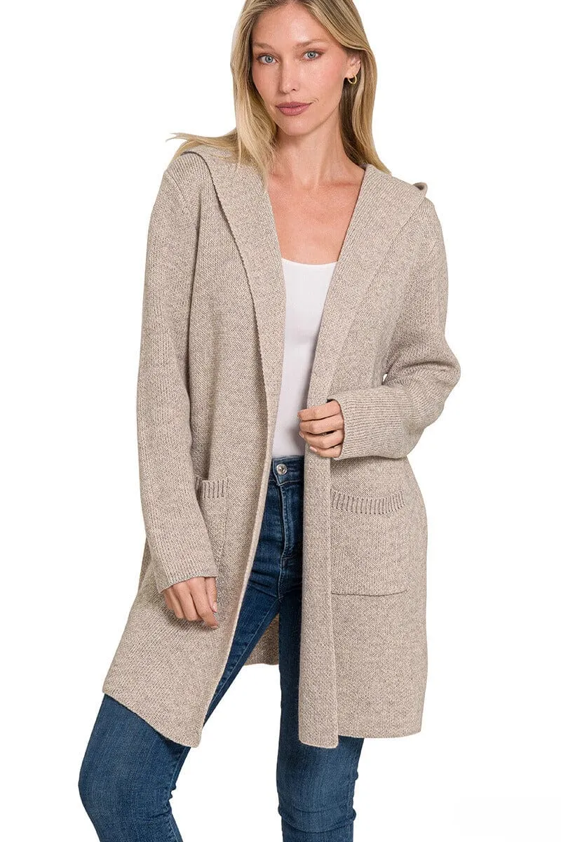 Zenana Hooded Open Front Sweater Cardigan with Pockets