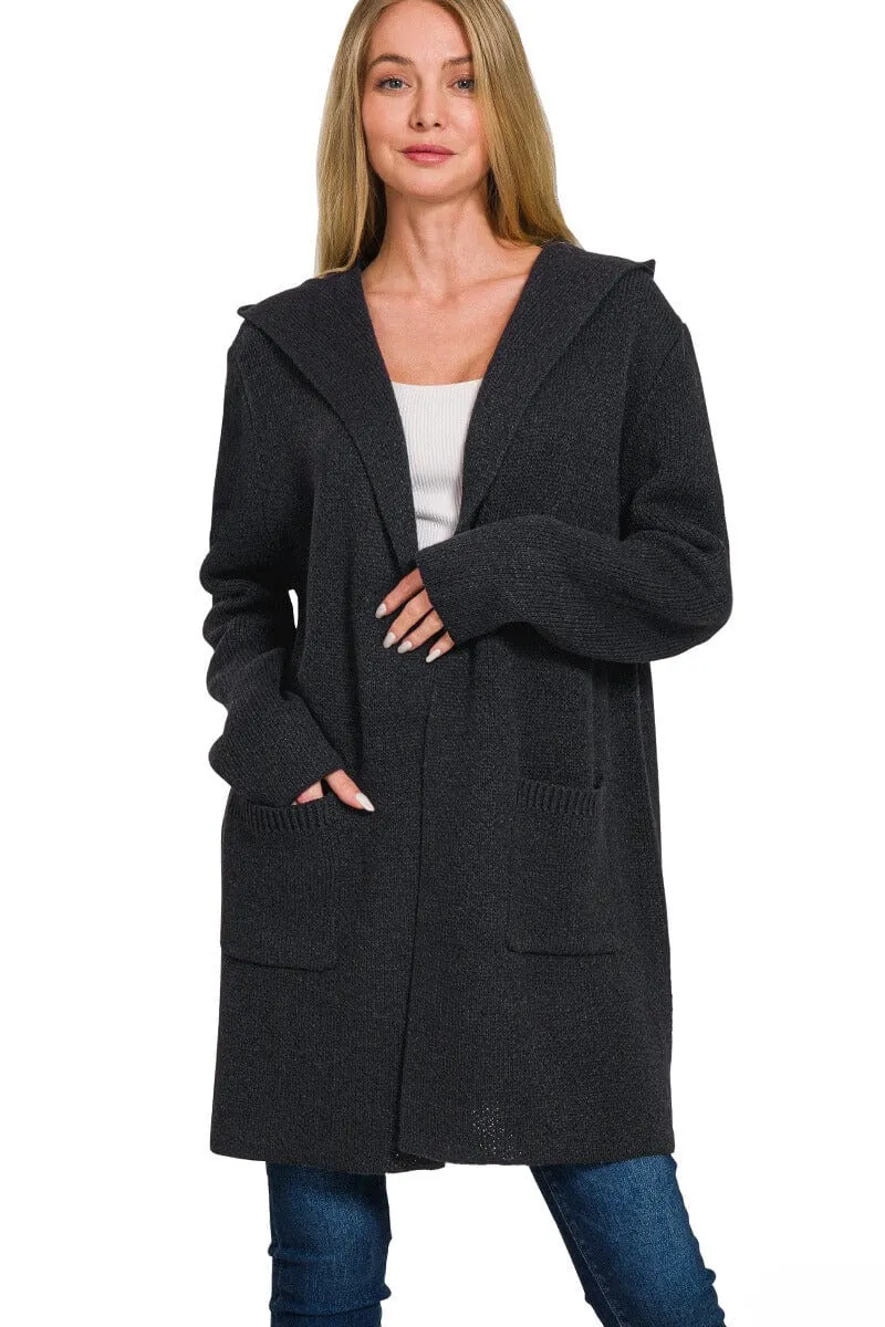 Zenana Hooded Open Front Sweater Cardigan with Pockets