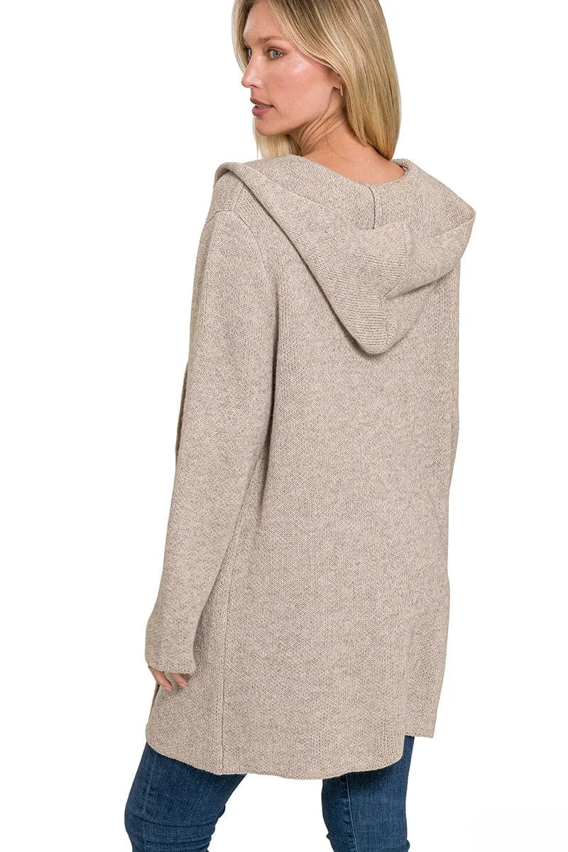 Zenana Hooded Open Front Sweater Cardigan with Pockets