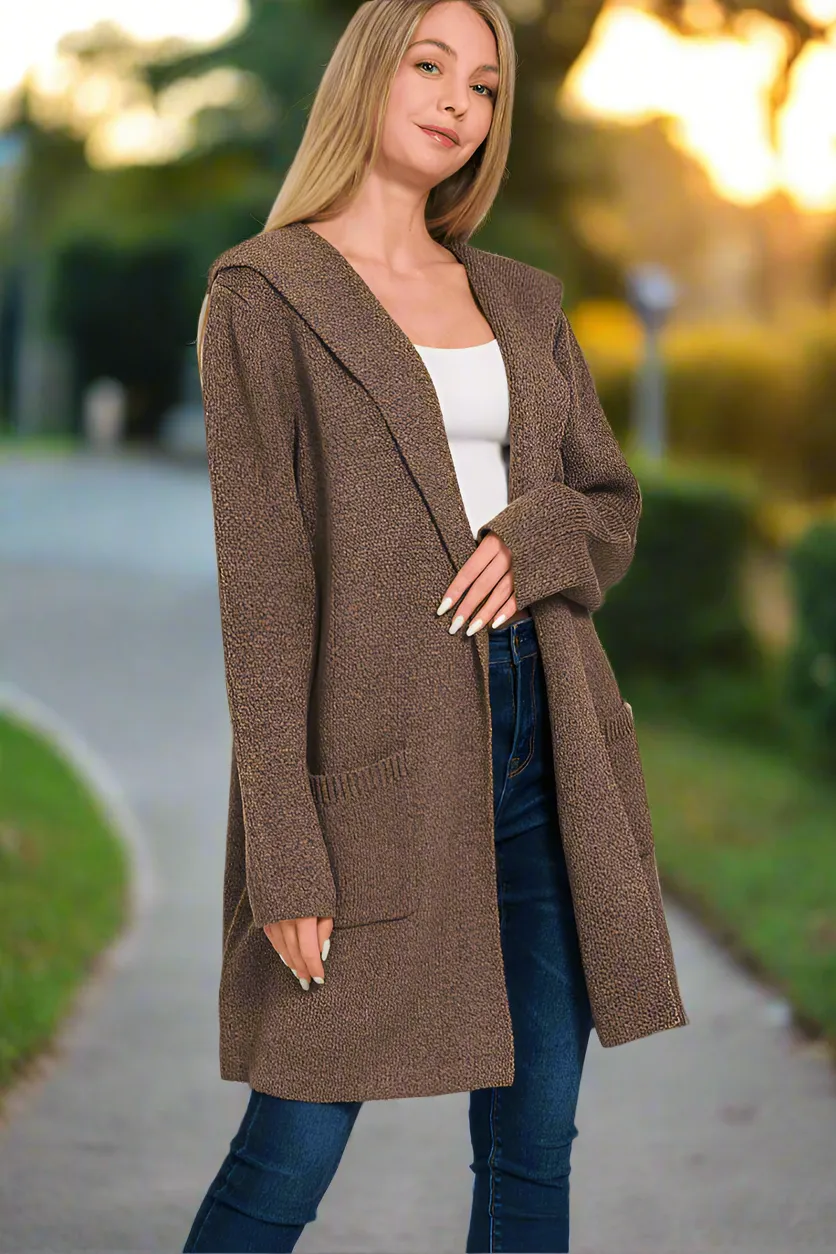 Zenana Hooded Open Front Sweater Cardigan with Pockets